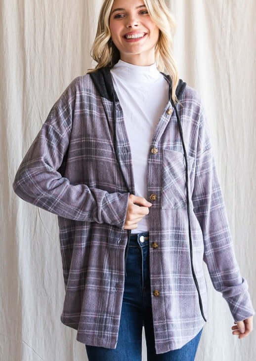 Women's Lightweight Casual Vintage Charcoal Plaid Drawstring Hoodie Button Down Shirt Jacket | Made in USA | Classy Cozy Cool Ladies Made in America Clothing Boutique