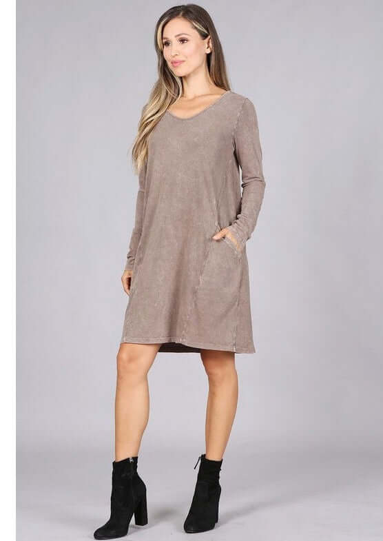 USA Made Ladies Tan Mineral Washed Casual Cotton Long Sleeve Knee Length Dress with Pockets | Chatoyant Style# C60596 | Classy Cozy Cool Women's Made in America Boutique