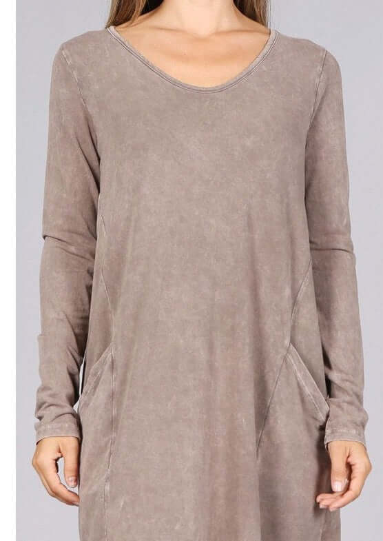 USA Made Ladies Tan Mineral Washed Casual Cotton Long Sleeve Knee Length Dress with Pockets | Chatoyant Style# C60596 | Classy Cozy Cool Women's Made in America Boutique