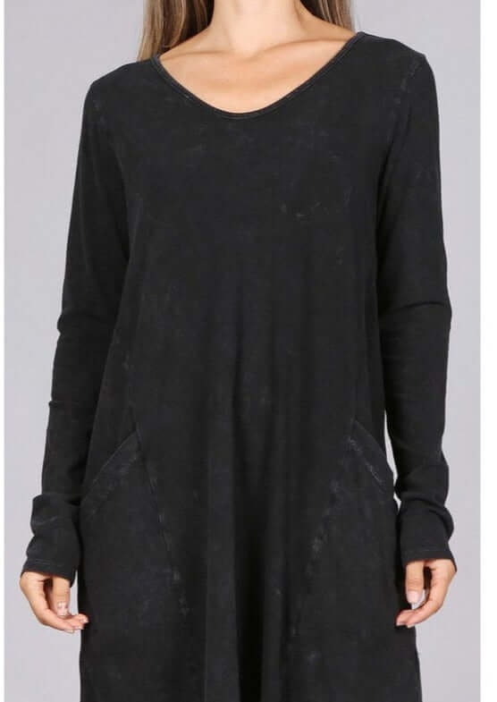 USA Made Ladies Black Casual Cotton Long Sleeve Knee Length Dress with Pockets | Chatoyant Style# C60596 | Classy Cozy Cool Women's Made in America Boutique