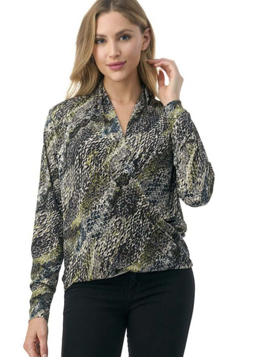 Ladies Made in USA Surplice Design V-Neck Top Long Sleeves Stretchy Jersey Material  Olive Animal Print Detail | Made in America Boutique