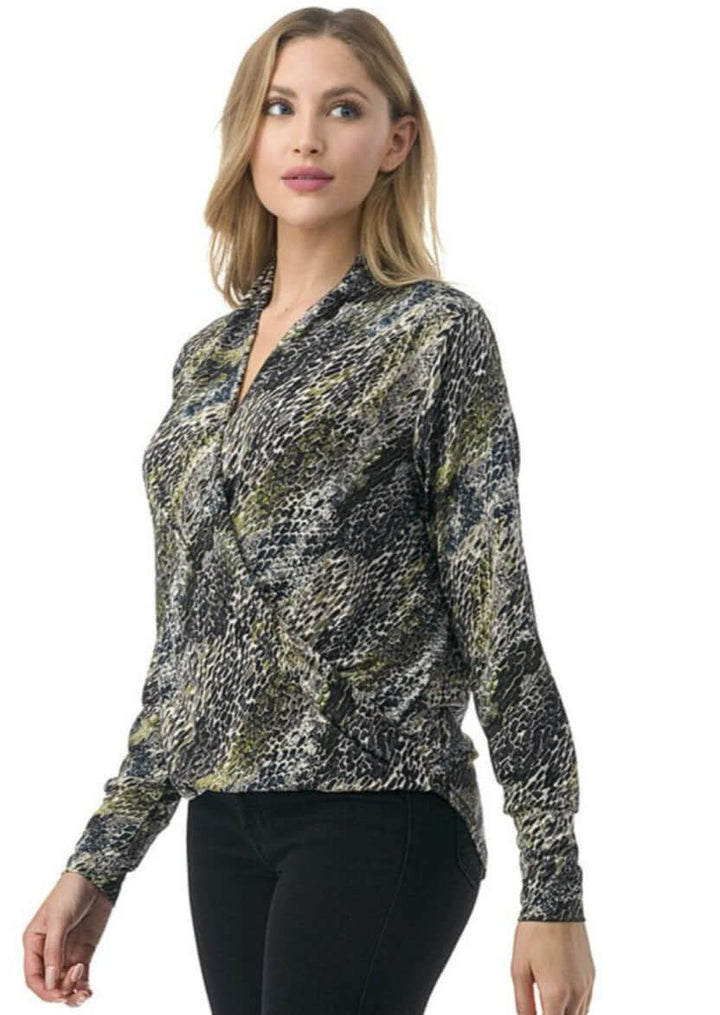 Ladies Made in USA Surplice Design V-Neck Top Long Sleeves Stretchy Jersey Material  Olive Animal Print Detail | Made in America Boutique