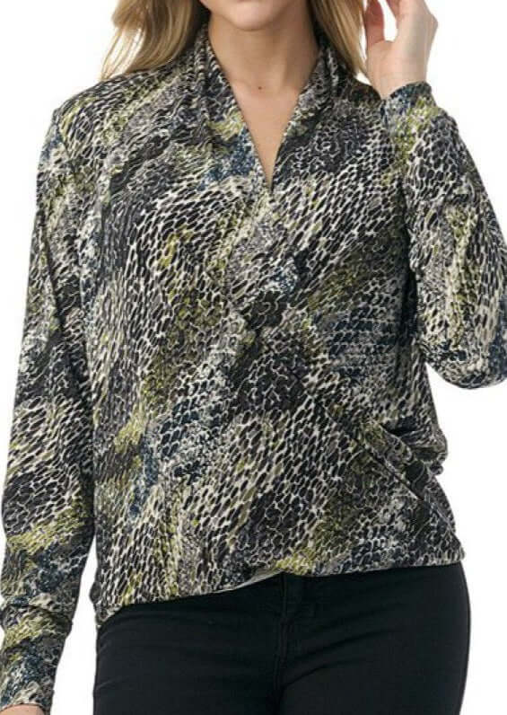 Ladies Made in USA Surplice Design V-Neck Top Long Sleeves Stretchy Jersey Material  Olive Animal Print Detail | Made in America Boutique