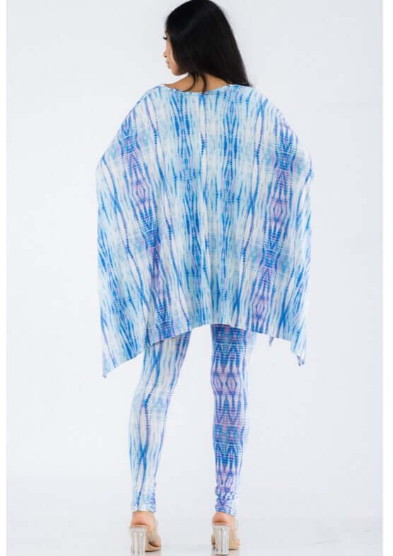 Made in USA  2-piece Lady of Leisure matching Super Soft poncho and leggings set in Blue & Lavender Design Loungewear Set | Classy Cozy Cool Made in America Boutique