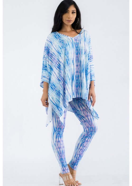 Made in USA  2-piece Lady of Leisure matching Super Soft poncho and leggings set in Blue & Lavender Design Loungewear Set | Classy Cozy Cool Made in America Boutique