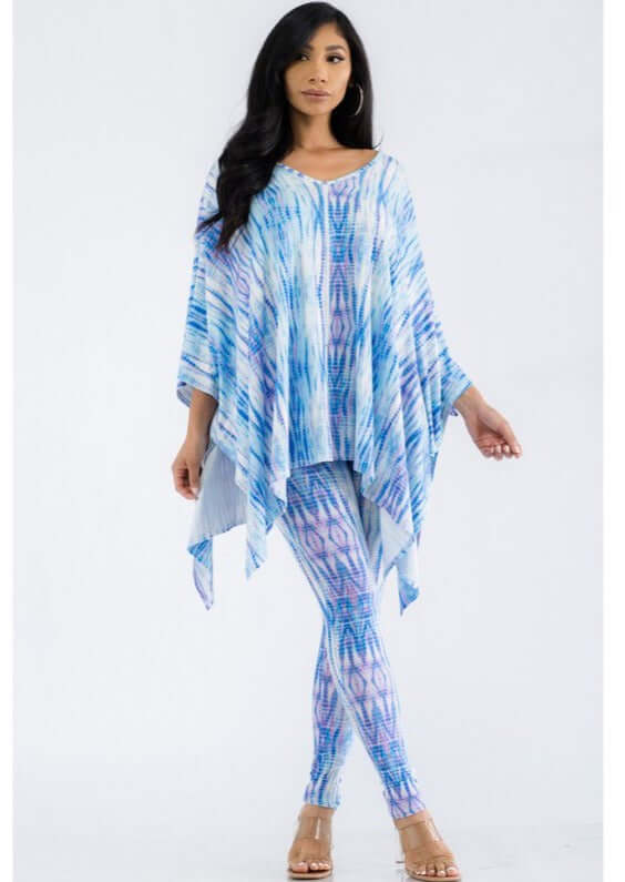 Made in USA  2-piece Lady of Leisure matching Super Soft poncho and leggings set in Blue & Lavender Design Loungewear Set | Classy Cozy Cool Made in America Boutique