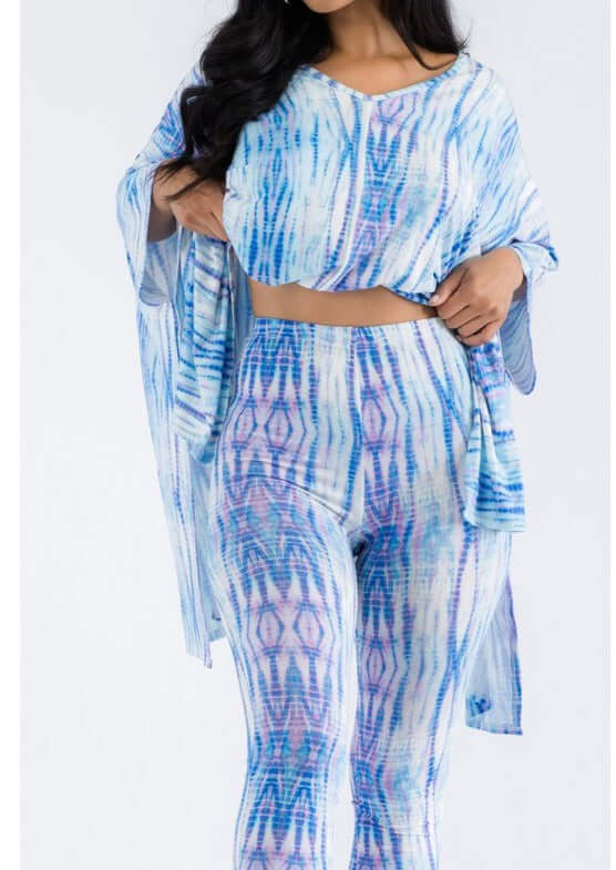 Made in USA  2-piece Lady of Leisure matching Super Soft poncho and leggings set in Blue & Lavender Design Loungewear Set | Classy Cozy Cool Made in America Boutique