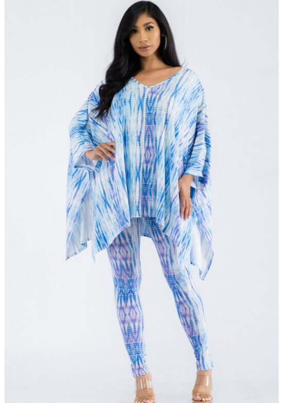 Made in USA  2-piece Lady of Leisure matching Super Soft poncho and leggings set in Blue & Lavender Design Loungewear Set | Classy Cozy Cool Made in America Boutique