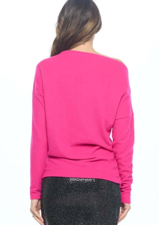 Women's Made in USA Relaxed Fit Super Soft Long Sleeve Cashmere Sweater Top in Fuchsia - Can be worn Off Shoulder or as Boat Neck | Renee C Style# 4097TP | Classy Cozy Cool Made in America Boutique