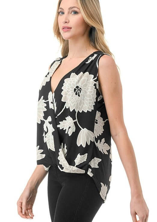 Ladies Made in USA Surplice Design Dressy V-Neck Blouse in Black and White Textured Floral Print | Classy Cozy Cool Made in America Boutique