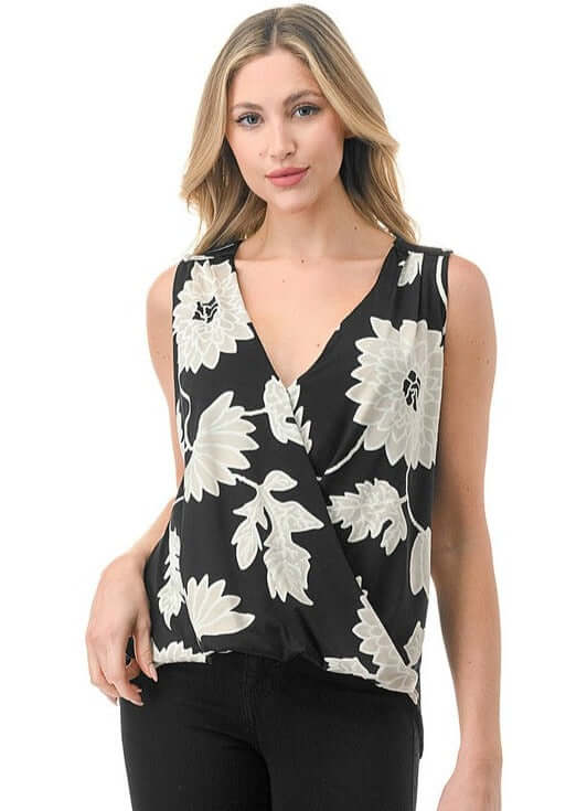 Ladies Made in USA Surplice Design Dressy V-Neck Blouse in Black and White Textured Floral Print | Classy Cozy Cool Made in America Boutique