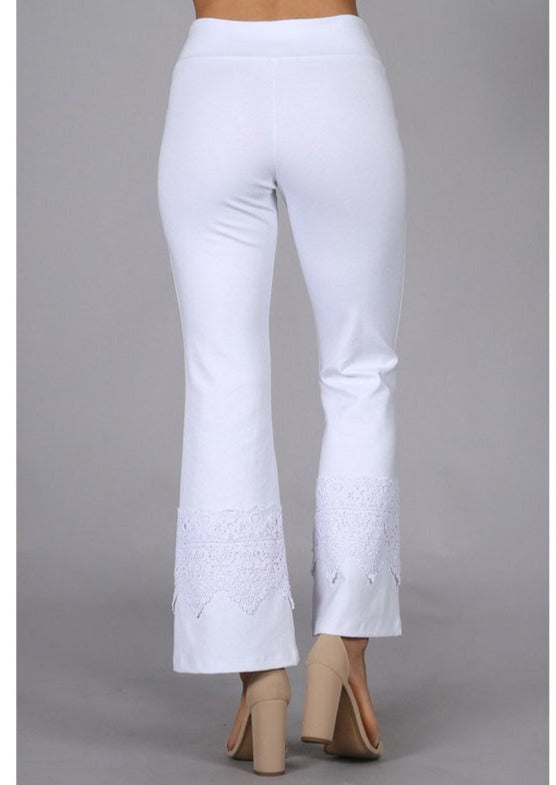 Chatoyant Style# C30612 Ladies White Cropped Flare Pants with Crochet Detail on Calf Made in USA Made Cotton Fabric | Made in America | Classy Cozy Cool Ladies Made in USA Boutique