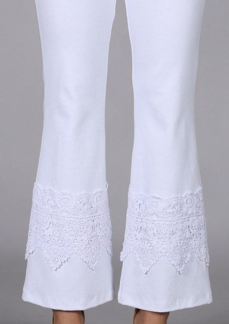 Chatoyant Style# C30612 Ladies White Cropped Flare Pants with Crochet Detail on Calf Made in USA Made Cotton Fabric | Made in America | Classy Cozy Cool Ladies Made in USA Boutique