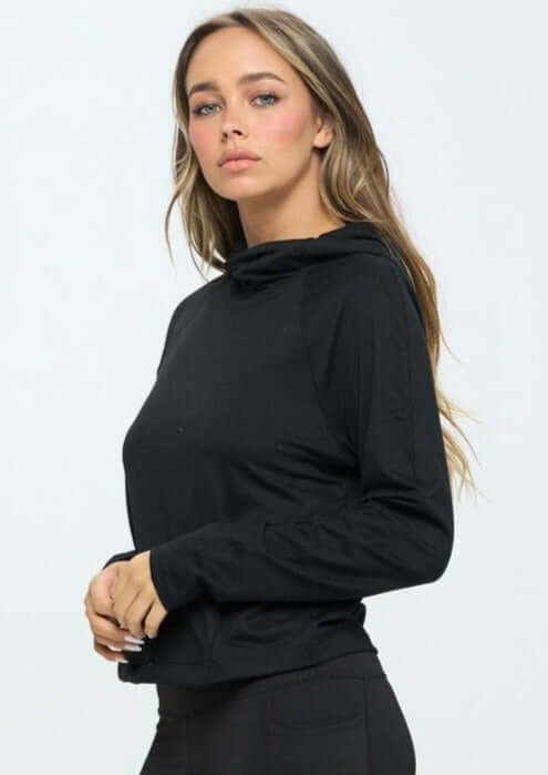 USA Made Women's Cropped Length Performance Hoodie with Kangaroo Pockets in Black | Classy Cozy Cool Women's Made in America Clothing Boutique