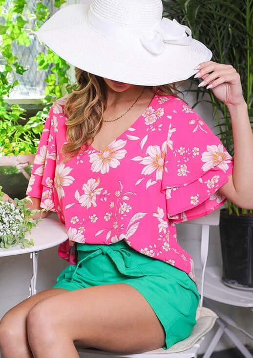 USA Made Ladies Striking V-Neck Flutter Sleeve Top in Fuchsia & White Floral Print | Classy Cozy Cool Women's Made in America Boutique