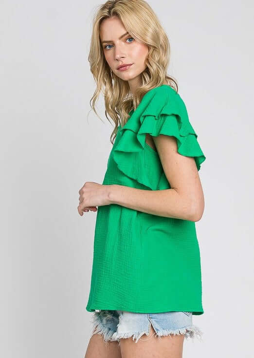 USA Made Premium 100% Cotton Double Ruffle Sleeve Cotton Gauze Top in Emerald Green | Made in America Clothing Boutique