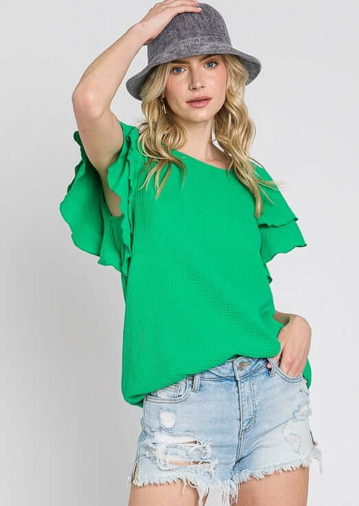 USA Made Premium 100% Cotton Double Ruffle Sleeve Cotton Gauze Top in Emerald Green | Made in America Clothing Boutique