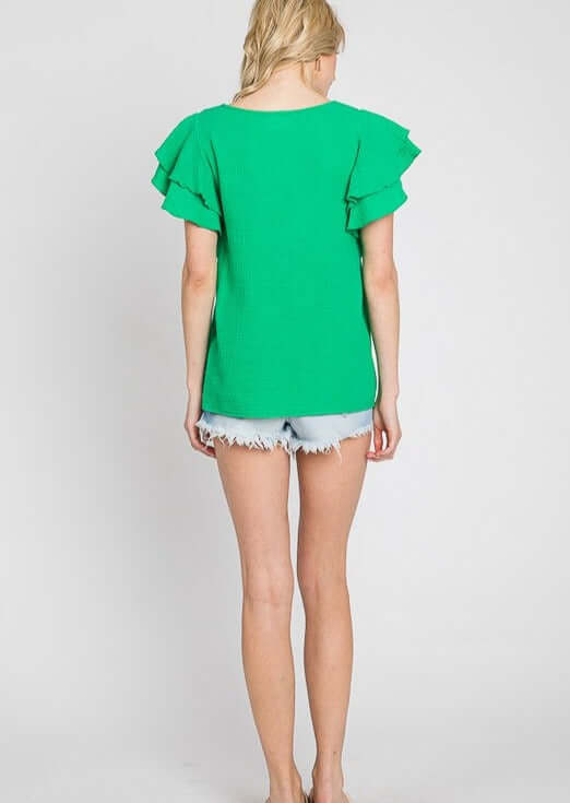 USA Made Premium 100% Cotton Double Ruffle Sleeve Cotton Gauze Top in Emerald Green | Made in America Clothing Boutique