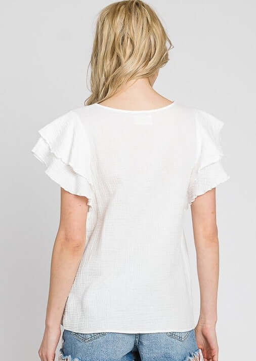 USA Made Premium 100% Cotton Double Ruffle Sleeve Cotton Gauze Top in White | Made in America Clothing Boutique