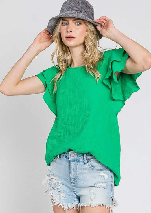 USA Made Premium 100% Cotton Double Ruffle Sleeve Cotton Gauze Top in Emerald Green | Made in America Clothing Boutique