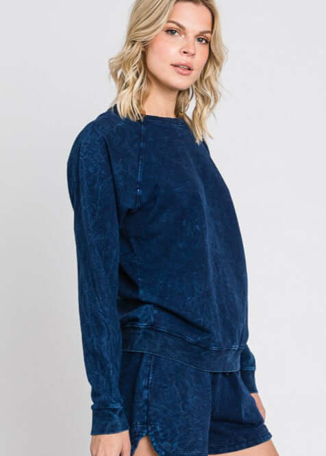 Made in USA Women's Cotton Mineral Washed Navy Crew Neck Sweatshirt  | Made with USA Cotton | Classy Cozy Cool Made in America Boutique