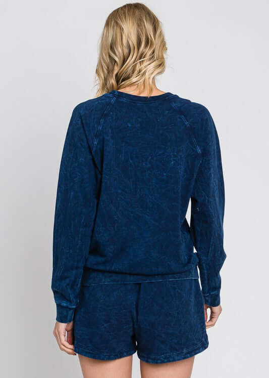Made in USA Women's Cotton Mineral Washed Navy Crew Neck Sweatshirt  | Made with USA Cotton | Classy Cozy Cool Made in America Boutique