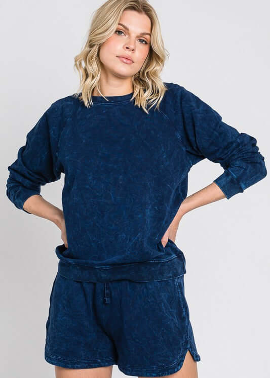 Made in USA Women's Cotton Mineral Washed Navy Crew Neck Sweatshirt  | Made with USA Cotton | Classy Cozy Cool Made in America Boutique