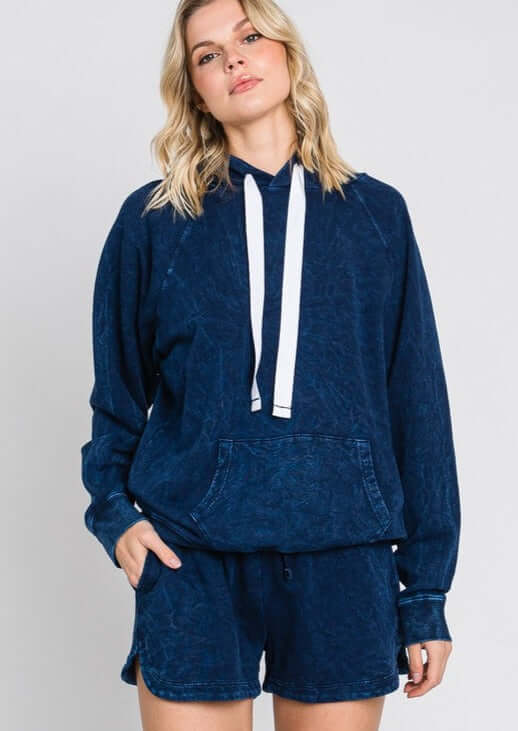 USA Made Ladies Premium Mineral Washed French Terry Shorts with Elastic & Drawstring Waist in Navy Blue | Classy Cozy Cool Women's Made in America Clothing Boutique