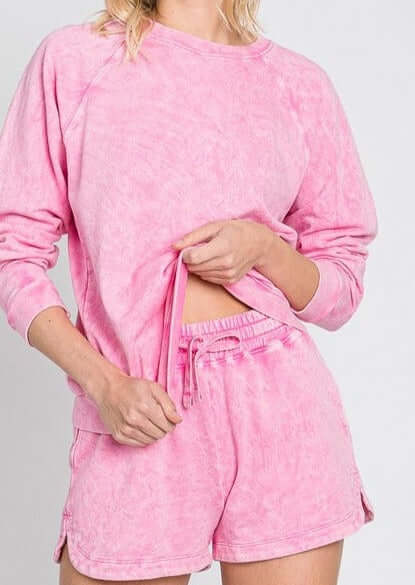 USA Made Ladies Premium Mineral Washed French Terry Shorts with Elastic & Drawstring Waist in Pink | Classy Cozy Cool Women's Made in America Clothing Boutique