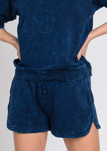 USA Made Ladies Premium Mineral Washed French Terry Shorts with Elastic & Drawstring Waist in Navy Blue | Classy Cozy Cool Women's Made in America Clothing Boutique