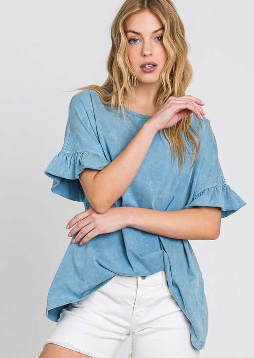 USA Made Premium 100% Cotton Super Soft Mineral Washed Oversized Ladies Tee with   Ruffle Sleeves in Blue | Made in America Clothing Boutique