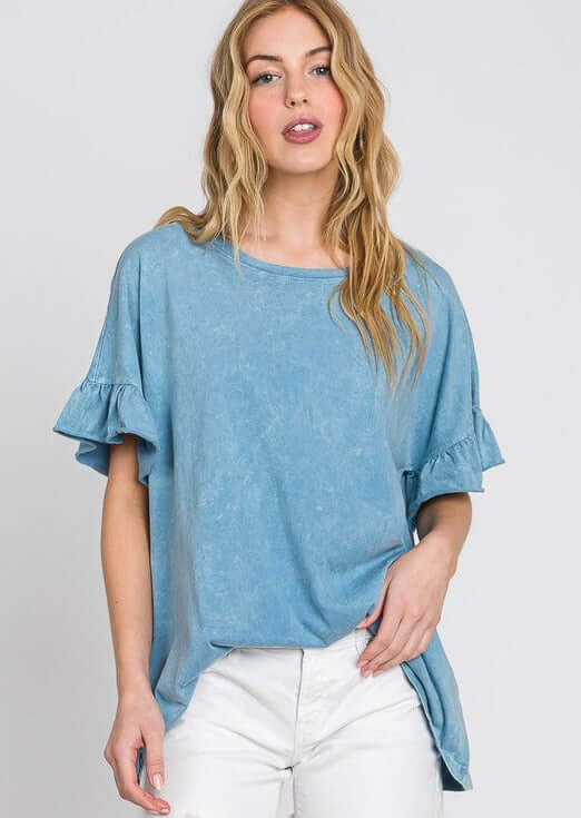 USA Made Premium 100% Cotton Super Soft Mineral Washed Oversized Ladies Tee with   Ruffle Sleeves in Blue | Made in America Clothing Boutique