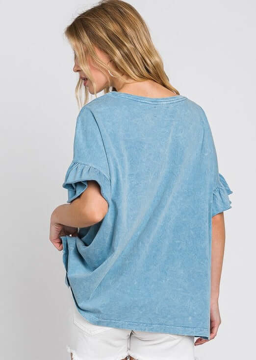 USA Made Premium 100% Cotton Super Soft Mineral Washed Oversized Ladies Tee with   Ruffle Sleeves in Blue | Made in America Clothing Boutique