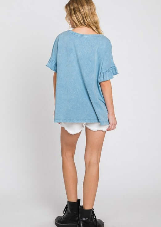 USA Made Premium 100% Cotton Super Soft Mineral Washed Oversized Ladies Tee with   Ruffle Sleeves in Blue | Made in America Clothing Boutique