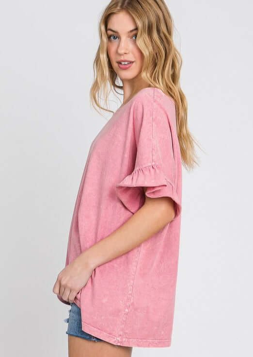 USA Made Premium 100% Cotton Super Soft Mineral Washed Oversized Ladies Tee with   Ruffle Sleeves in Pink | Made in America Clothing Boutique