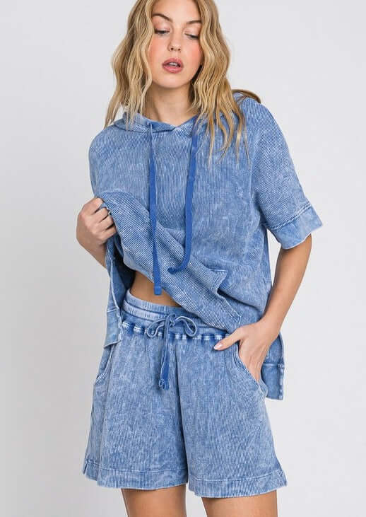 USA Made Ladies Premium Mineral Washed Thermal Ribbed Shorts with Elastic & Drawstring Waist in Denim Blue | Classy Cozy Cool Women's Made in America Clothing Boutique