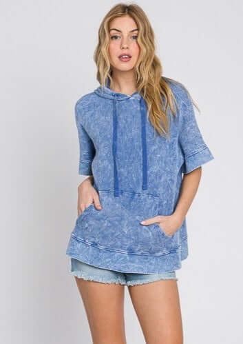 Ladies Cotton Thermal Mineral Washed Ribbed Textured Short Sleeve Hoodie with Kangaroo Pocket in Washed Denim Blue | Made in USA | Classy Cozy Cool Women's Made in America Boutique