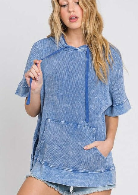 Ladies Cotton Thermal Mineral Washed Ribbed Textured Short Sleeve Hoodie with Kangaroo Pocket in Washed Denim Blue | Made in USA | Classy Cozy Cool Women's Made in America Boutique
