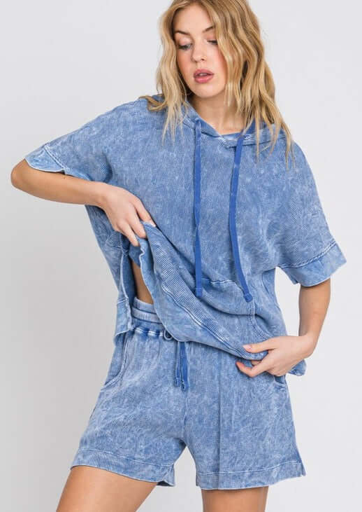 USA Made Ladies Premium Mineral Washed Thermal Ribbed Shorts with Elastic & Drawstring Waist in Denim Blue | Classy Cozy Cool Women's Made in America Clothing Boutique