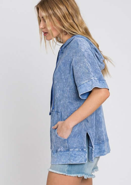 Ladies Cotton Thermal Mineral Washed Ribbed Textured Short Sleeve Hoodie with Kangaroo Pocket in Washed Denim Blue | Made in USA | Classy Cozy Cool Women's Made in America Boutique