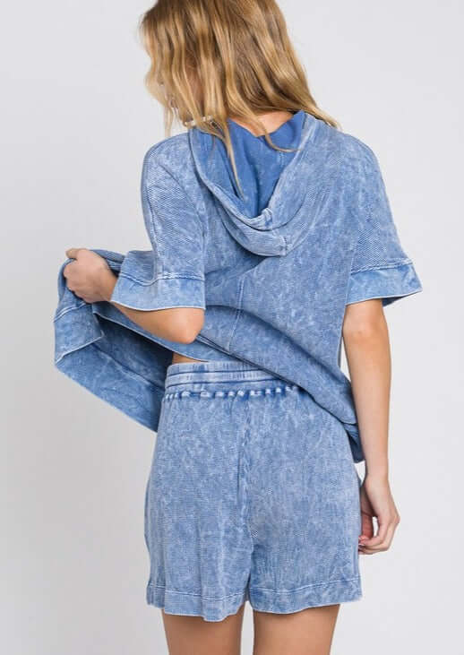 USA Made Ladies Premium Mineral Washed Thermal Ribbed Shorts with Elastic & Drawstring Waist in Denim Blue | Classy Cozy Cool Women's Made in America Clothing Boutique