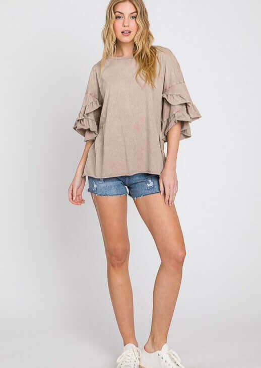 USA Made Premium 100% Cotton Super Soft Mineral Washed Oversized Ladies Tee with  Exaggerated Tulip Ruffle Sleeves in Taupe | Classy Cozy Cool Women's Made in America Clothing Boutique