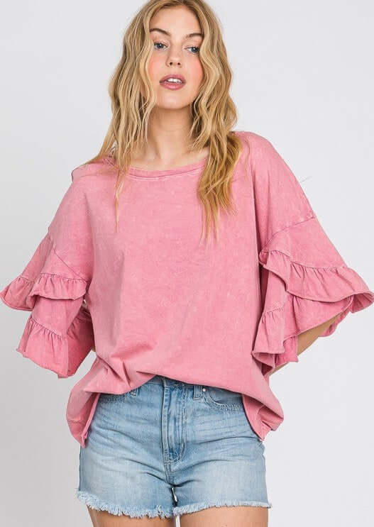 USA Made Premium 100% Cotton Super Soft Mineral Washed Oversized Ladies Tee with  Exaggerated Tulip Ruffle Sleeves in Pink | Made in America Clothing Boutique