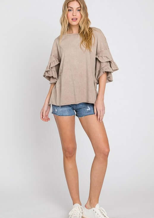 USA Made Premium 100% Cotton Super Soft Mineral Washed Oversized Ladies Tee with  Exaggerated Tulip Ruffle Sleeves in Taupe | Classy Cozy Cool Women's Made in America Clothing Boutique