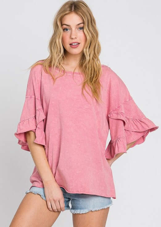 USA Made Premium 100% Cotton Super Soft Mineral Washed Oversized Ladies Tee with  Exaggerated Tulip Ruffle Sleeves in Pink | Made in America Clothing Boutique
