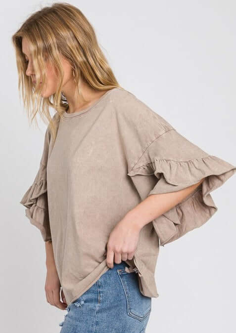 USA Made Premium 100% Cotton Super Soft Mineral Washed Oversized Ladies Tee with  Exaggerated Tulip Ruffle Sleeves in Taupe | Classy Cozy Cool Women's Made in America Clothing Boutique