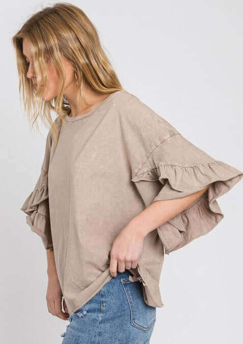 USA Made Premium 100% Cotton Super Soft Mineral Washed Oversized Ladies Tee with  Exaggerated Tulip Ruffle Sleeves in Taupe | Classy Cozy Cool Women's Made in America Clothing Boutique