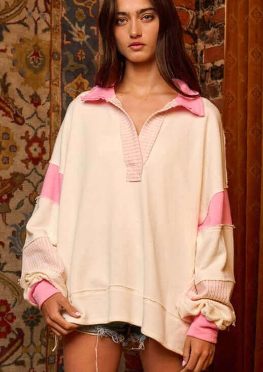 Brand: Bucket List Style# T2004 | Oversized Ladies French Terry Color Block Sweatshirt with Collar in Pink & Cream | Made in USA | Classy Cozy Cool Women's Made in America Clothing Boutique
