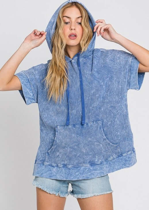 Ladies Cotton Thermal Mineral Washed Ribbed Textured Short Sleeve Hoodie with Kangaroo Pocket in Washed Denim Blue | Made in USA | Classy Cozy Cool Women's Made in America Boutique