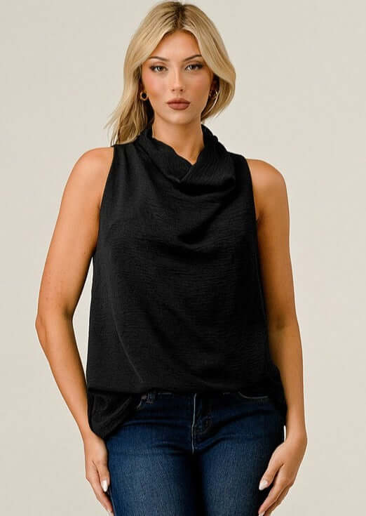 Ladies Black Satin Cowl Neck Sleeveless Jersey Blouse  | Made in USA | Classy Cozy Cool Women's Made in America Clothing Boutique